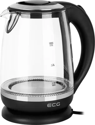 A studio shot of a glass electric kettle on a white background.