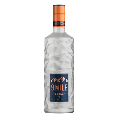 A bottle of 9 Mile Vodka against a white background.