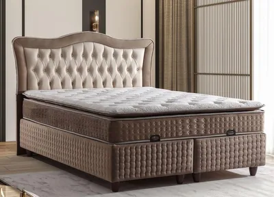 Produktbild von Casa Padrino Luxus Art Deco Doppelbett Creme / Braun - Verschiedene Größen - Massivholz Bett mit Kopfteil und Matratze - Schlafzimmer Möbel - Hotel Möbel - Luxus Möbel - Luxus Einrichtung