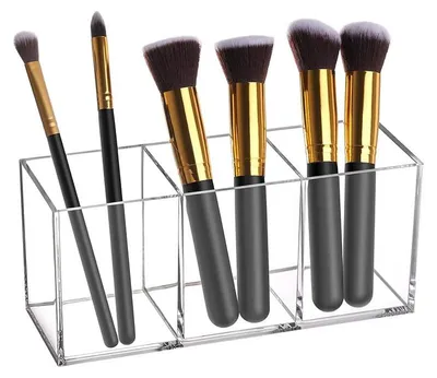 Produktbild von Make-up-Pinselhalter mit 3 Fächern, Acryl-Make-up-Pinselhalter, Aufbewahrungsmöglichkeit für Make-up-Pinsel, Organizer für Make-up-Pinsel, Becher für Pinsel, Eyeliner, Lippenstift, Pinsel (transparent)