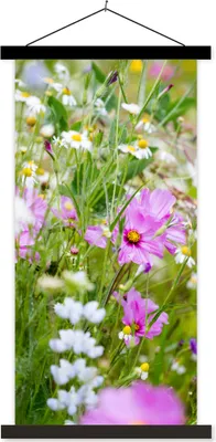 Produktbild von MuchoWow® Textilposter Blumen - Natur - Grün - Gras - Lila - Weiß 40x80 cm mit schwarzem Rahmen - Wandemalerei