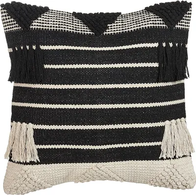 Produktbild von BELIANI Dekokissen Beige/Schwarz 50x50 cm Quadratisch mit Fransen Reißverschluss Geometrisches Muster Strukturiert Handgewebt Zierkissen Boho Stil