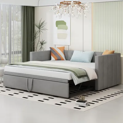 Produktbild von Flieks Schlafsofa 90x200cm/180x200cm Tagesbett Daybett, Kinderbett mit Lattenrost und Armlehnen, Gästebett Jugendbett, Samt, Hellgrau