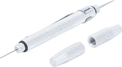 A silver tool with a needle-like tip and two detachable caps, presented against a white background.