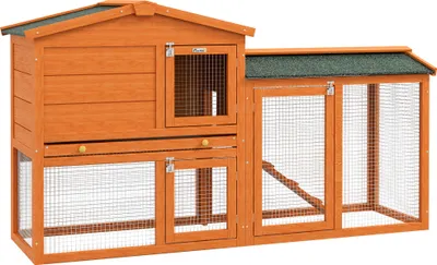 Zdjęcie produktu dla PawHut Klatka dla królików 2-poziomowa z drewna jodłowego Zimoodporny dwupiętrowy domek z zewnętrzną rampą do wybiegu 150x45x85 cm Klatka dla królików Klatka dla małych zwierząt na zewnątrz dla królików i świnek morskich Pomarańczowa