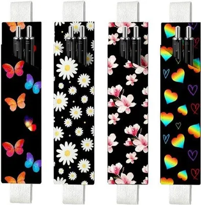 Produktbild von 4 Stk 4 Stile Schmetterling elastische Stifthalter Leder Bleistifttasche für Notizbuch Daisy Herz Schmetterling Blumendruck Verstellbare Band Leder Stift Tasche für Bibel Planer Binder