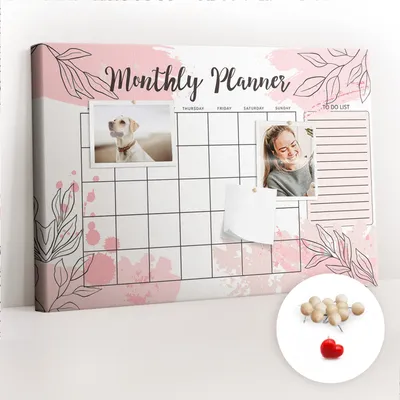 Produktbild von Korkwand mit Stecknadeln – Pinnwand mit Stecknadeln für Fotos und Notizen – 60x40 cm – 100 Holz-Stecknadeln – Rosa Monatsplaner