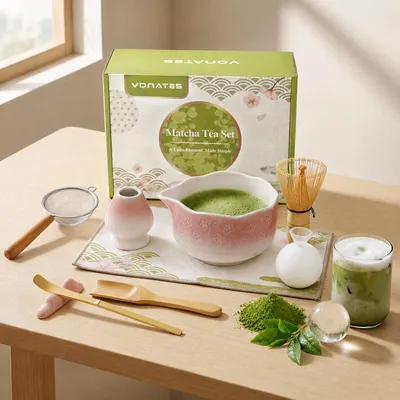 Produktbild von VONATES Matcha Set 9-tlg. mit Matcha-Schale, Bambus-Besener & Halter, Sieb, Löffel, Tuch, Eisform - Starter-Kit für Teezeremonie & Geschenk, Pink Farbverlauf