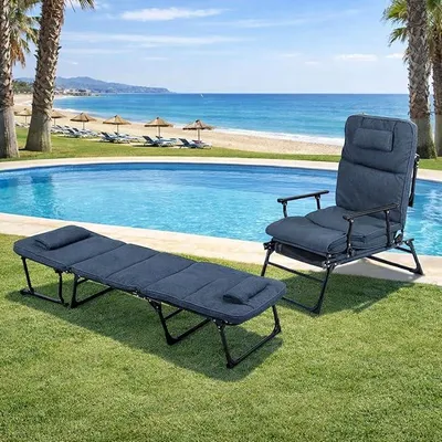 Produktbild von 2 in 1 Gartenliege | Ruheliege | Sanitätsliege | Liegebett | Gästebett | Relaxsessel | Ruhesessel Blaugrau mit Polster inkl. Kopfkissen
