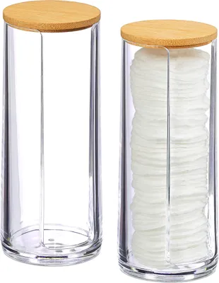 Produktbild von Relaxdays Wattepads Aufbewahrung 2er Set, Acryl, Bambus, Bad, Wattepadspender mit Deckel, HxD: 17,5x7,5cm, klar/natur