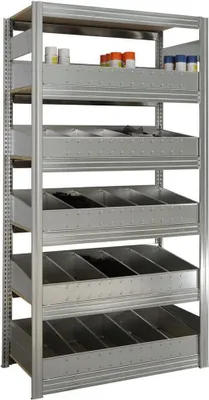 Produktbild von Kleinteileregal FALKE Stecksystem mit Schüttensets | Grundregal | HxBxT 200x129x60cm | 6 Ebenen mit Spanplatten | Fachlast 150kg | Verzinkt