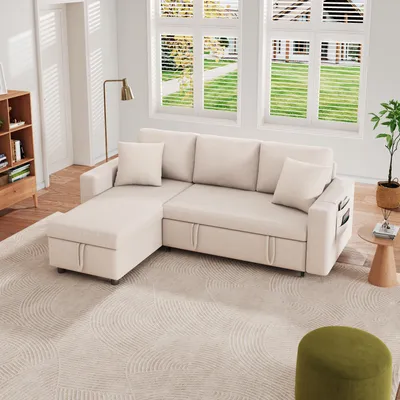 Produktbild von STILVORA Schlafsofa mit Schlaffunktion Ecksofa mit Chaiselongue und Stauraum Loungesofa mit Armlehnen-Aufbewahrungstasche,Wohnzimmersofa mit links und rechts austauschbarer,Beige