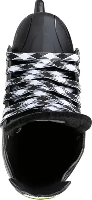 A top-down view of a black ice skate with black and white laces.