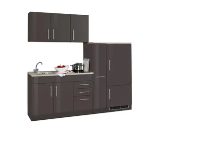 Produktbild von Held Möbel Singleküche Toronto 210 cm graphit hochglanz mit Apothekerschrank Kühlschrank Glaskeramik Kochmulde und Einbauspüle in Edelstahl
