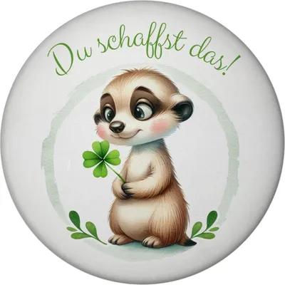 Produktbild von Erdmännchen mit Kleeblatt Magnet rund mit Spruch Du schaffst das
