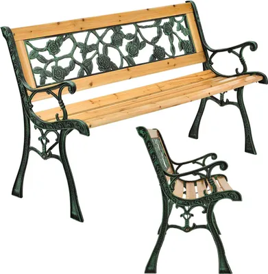 A garden bench with a wooden seat and backrest, and decorative cast iron sides, shown from two different angles against a white background.