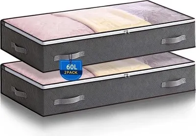 Produktbild von 2 Stück Unterbett-Aufbewahrungsboxen mit Deckel – Unterbett-Aufbewahrung 60 l – Faltbare Unterbett-Aufbewahrungstaschen – Kleideraufbewahrungstaschen mit verstärktem Griff für Kleidung – Bettdecken – Decken