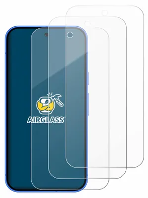 Three screen protectors are shown, with one placed on a blue-rimmed smartphone.
