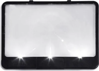 A black framed magnifying glass with three LED lights at the bottom.