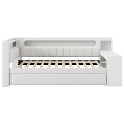 Produktbild von Flieks Jugendbett mit Led und Usb, Tagesbett Einzelbett mit Regal, Holzbett Klassisches Bett mit Schreibtisch und Schubladen, Kinderbett Weiß