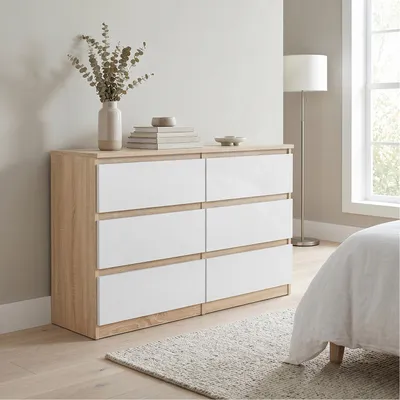 Produktbild von Masseno Kommode NUDO 120 cm Sideboard mit 6 Schubladen und  Türen für Wohnzimmer Schlafzimmer Modern 120x39x78,5 cm Sonoma Eiche / Weiß