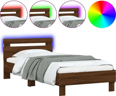 Image de vidaXL Cadre de lit avec tête de lit et lampes LED Chêne brun 75x190 cm