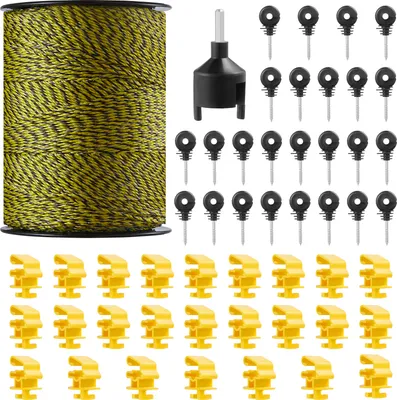 Image de VEVOR Fil de clôture électrique, 1640 pieds 500 m de polyfilament portable, 1/8 de pouce de diamètre, 6 torons en acier inoxydable, câble de clôture avec 25 isolateurs de clôture et 25 isolateurs de poteau en T, pour chevaux, bovins, bétail