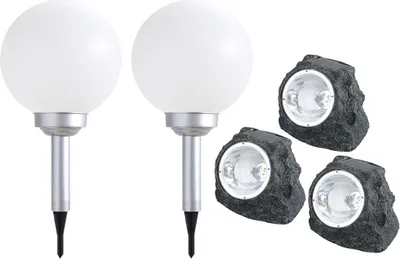 Produktbild von 5er Set LED Solarleuchte, Stein, Kugel, weiß, grau