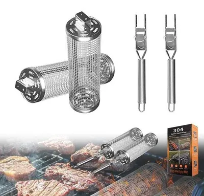Produktbild von Famanu Grillkorb Set - 2 Stück - Edelstahl - Drehbarer Grillkorb - Abnehmbarer Griff - BBQ Zubehör - Ideal für Grillen