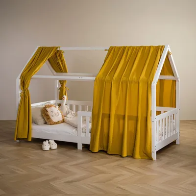 Produktbild von Hausbett Himmel NENA im 2er Set in senfgelb - Betthimmel aus 100% Baumwolle, Baldachin Musselin zweilagig, Bettvorhang für Kinder, Hausbett Deko