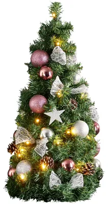 Productafbeelding van EGLO Kunstkerstboom, 65 cm, voor binnenshuis. Decoratieve kerstboom met LED-verlichting en kerstballen in roze en zilver, met timer, warm wit licht