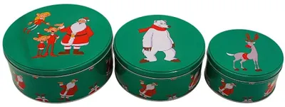 Produktbild von Weihnachtsmann & Co. KG 3-teilige Geschenkdosen, Gebäckdosen, Keksdosen, Plätzchendosen, Frischhalteboxen, Weihnachtsdosen aus Metall, Größen: Ø Klein 14cm Mittel 17 cm Groß 19 cm.
