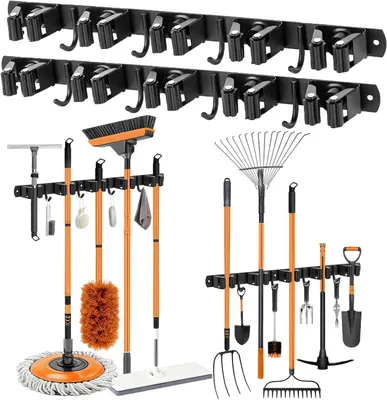 Imagen del producto de 2 soportes de pared para escobas, soporte de pared para escobas, 10 soportes y 8 ganchos, organizadores de herramientas de acero inoxidable