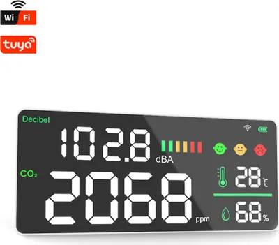 Produktbild von An der Wand montiertes digitales Dezibelmessgeraet, Kohlendioxidmessgeraet, Temperatur- und Luftfeuchtigkeitstester, 4-in-1-Haushalts-Multifunktions-Umgebungsluftqualitaetsdetektor