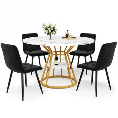 Produktbild von Tischset (5-teilig) runder Esstisch,Couchtisch(Gold) 100 x 100 x 76 cm,4 Samtstuhl (inkl. Esstisch mit Marmorplatte) für 4 Personen
