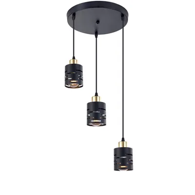 A black and gold pendant light with three cylindrical shades hanging from a round black ceiling plate.