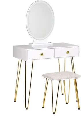 Produktbild von BELIANI Schminktisch Weiß und Gold MDF-Platte mit Metallbeinen Ovalem LED-Spiegel 2 Schubladen Hocker Glamour für Erwachsene Schlafzimmer Jugendzimmer