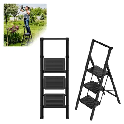 Produktbild von Klappbare Trittleiter mit 3 Stufen und breitem Pedal, Handlauf und rutschfester Oberfläche, belastbar bis 270 kg, ideal für Haushalt und Küche, Schwarz