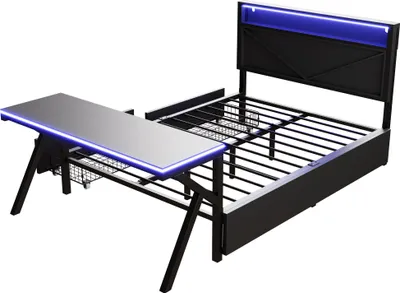 Produktbild von Flieks Jugendbett 140x200cm mit Schreibtisch und Led, Stauraumbett Doppelbett mit 2 Schubladen, Metallbett Klasisches Bett, Schwarz