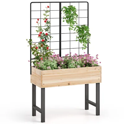 Produktbild von COSTWAY Hochbeet mit Spalier, Rankgitter & Ablauflöchern, Blumenbeet Gartenbeet Pflanzkasten Holz, Blumenkasten für Kletterpflanzen 79x35x108cm