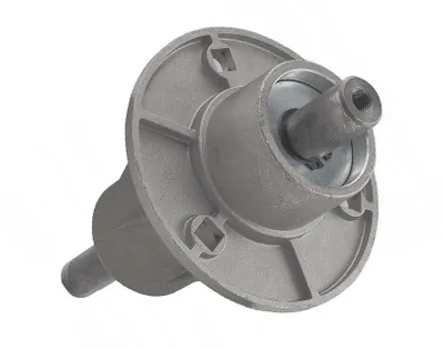 A gray metal part of a lawnmower or tractor, likely a spindle or hub, is shown against a white background.