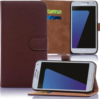 A brown leather book-style phone case with a Samsung phone inside, shown from two angles.