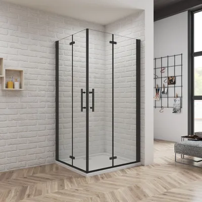 Produktbild von B.120x80cm H.195cm  Schwarz Falttür eckdusche Duschkabinen 6mm NANO ESGglas Pendeltür Duschabtrennung Eckeinstieg Dusche