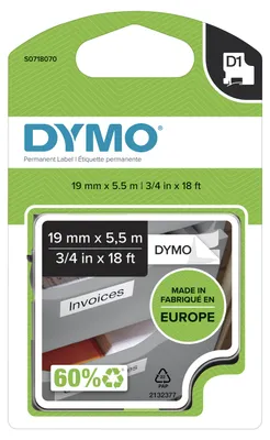 Image de DYMO D1 - Étiquettes auto-adhésives en polyester - noir sur blanc - Rouleau (1,9 cm x 5,5 m) - 1 rouleau(x) - pour LabelMANAGER 210D, 350, 350D, 400, 450, 450D, PC, PC2, LabelPOINT 150, 350 (S0718070/16960)