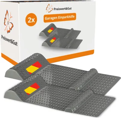 A product shot of two garage parking aids (wheel stoppers) with their packaging in the background.