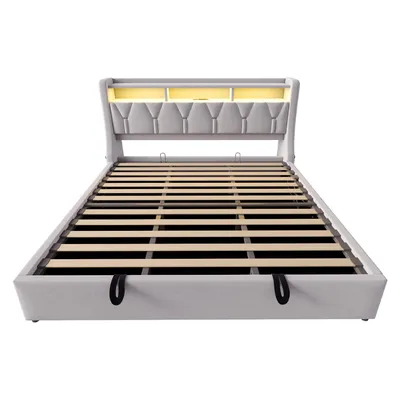 A bed frame with a slatted base, shown from the front.