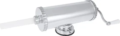 A silver sausage stuffer with a white nozzle and handle, shown against a white background.