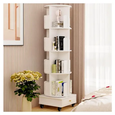 Produktbild von Drehbares Bücherregal mit Rollen, 360° drehbar, 4 Ebenen und Schubladen (Weiß, 40x40x147cm)