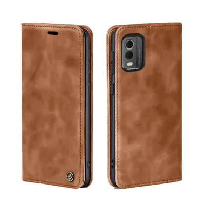 A brown leather flip case for a smartphone, shown from the front and side.