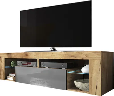 Immagine prodotto di Mobiletto TV Selsey BIANKO Mobiletto TV basso in legno di quercia Lancaster con ribalta in grigio lucido con illuminazione LED In piedi 140 cm